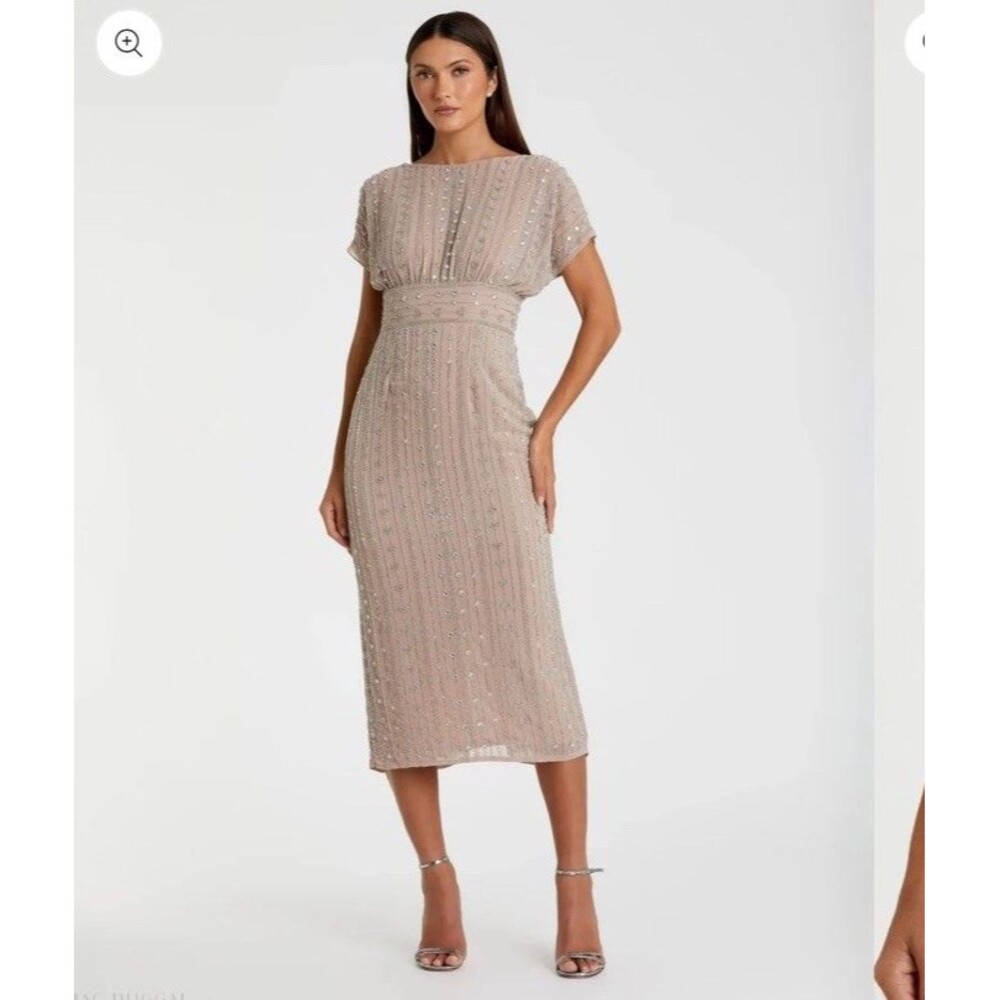 Mac Duggal Beige Beaded Cap Sleeve Empire Waist Sheath Midi Dress Size 10 Flawed